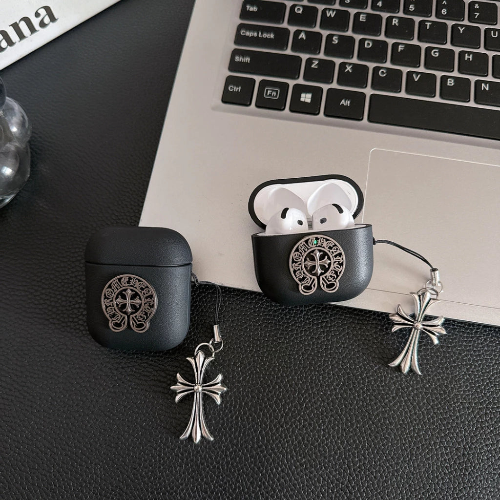 Grained Leather Look Chrome Cross AirPod Case