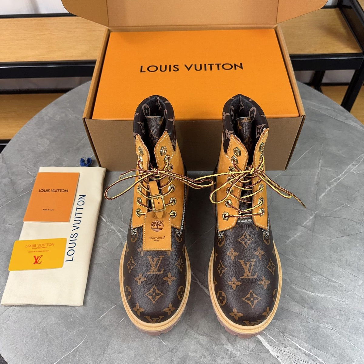 L X Timberland Nubuck Monogram Boots Brown