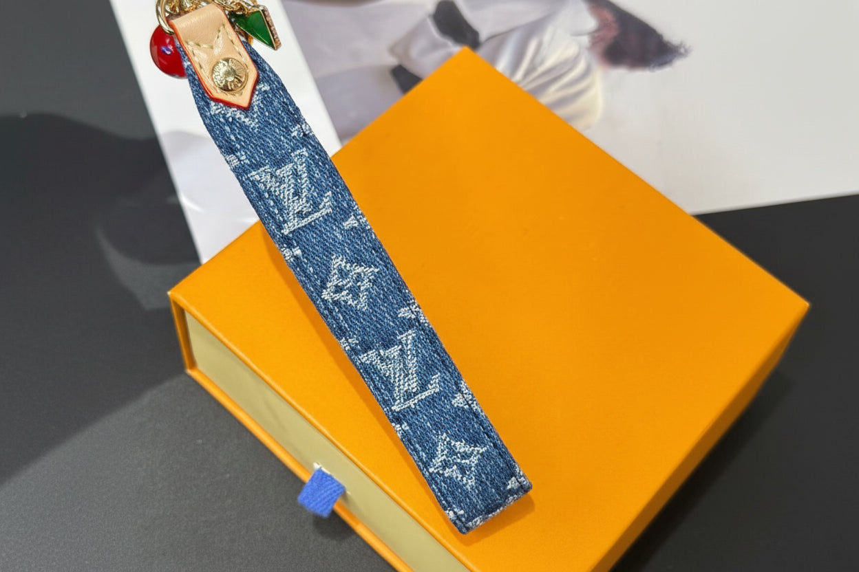 Denim Cherry Bag Charm Key Holder