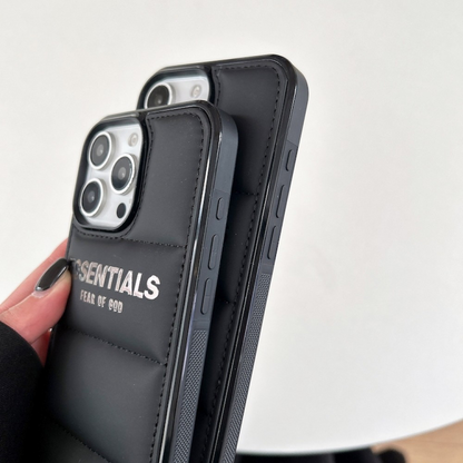 Black & Silver Essentials Logo design Puffer iPhone case