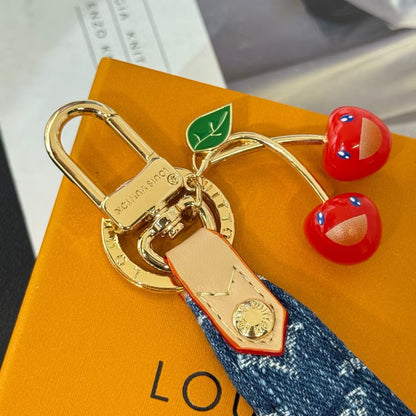 Denim Cherry Bag Charm Key Holder