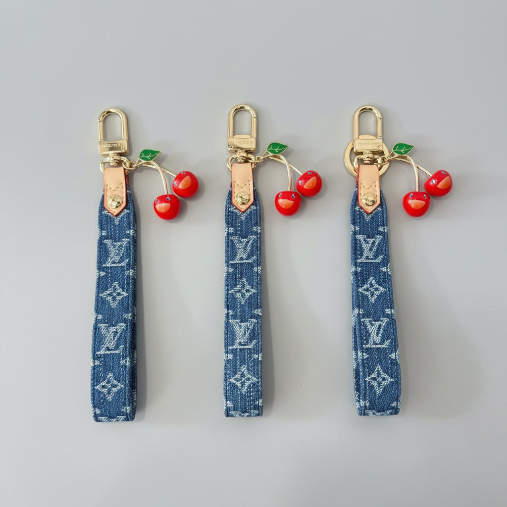 Denim Cherry Bag Charm Key Holder