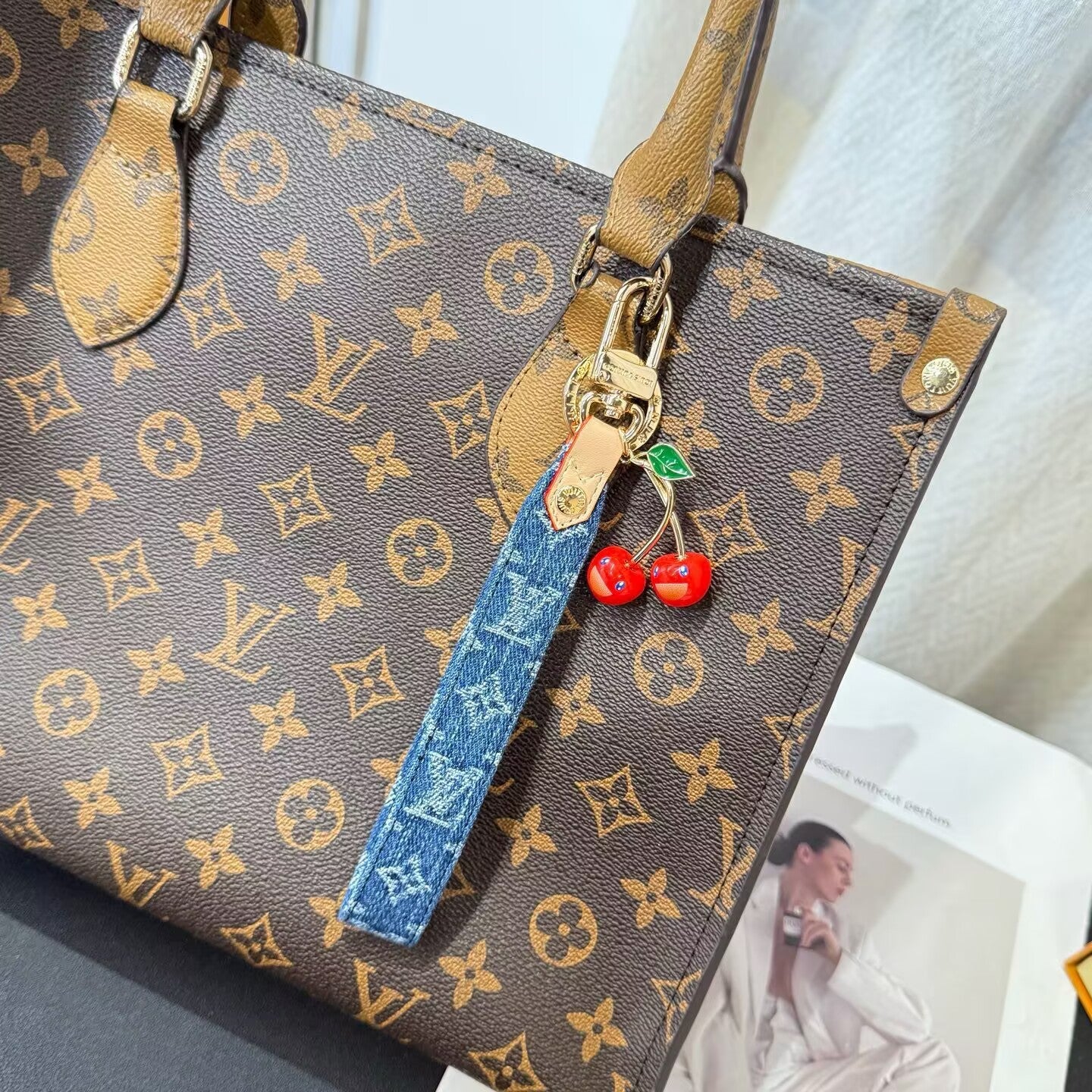 Denim Cherry Bag Charm Key Holder