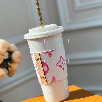 Monogram Porcelain Cup Tumbler with Sleeve - Pink