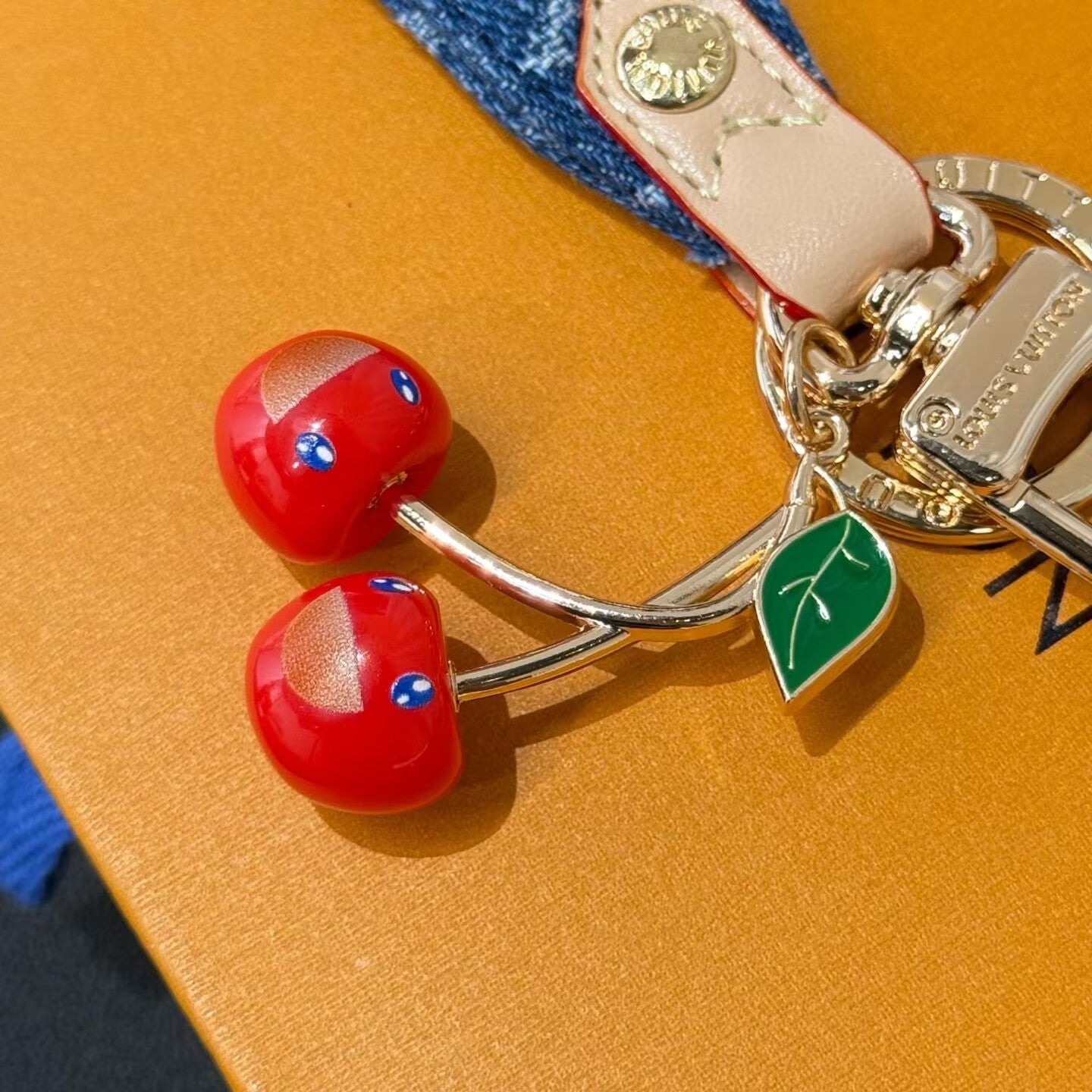 Denim Cherry Bag Charm Key Holder