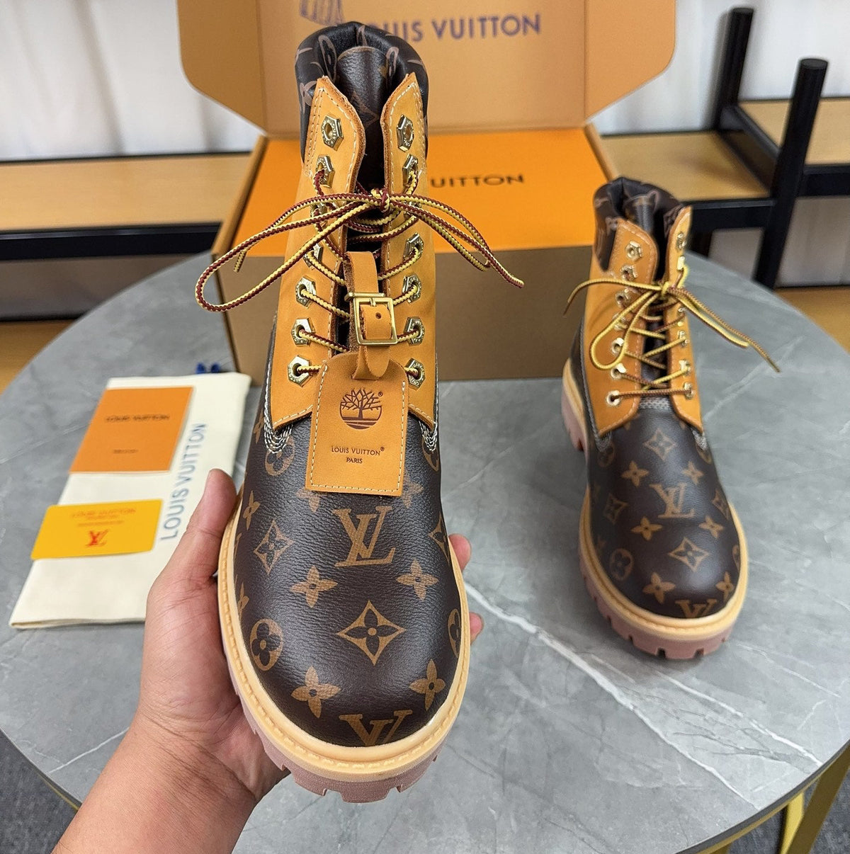 L X Timberland Nubuck Monogram Boots Brown