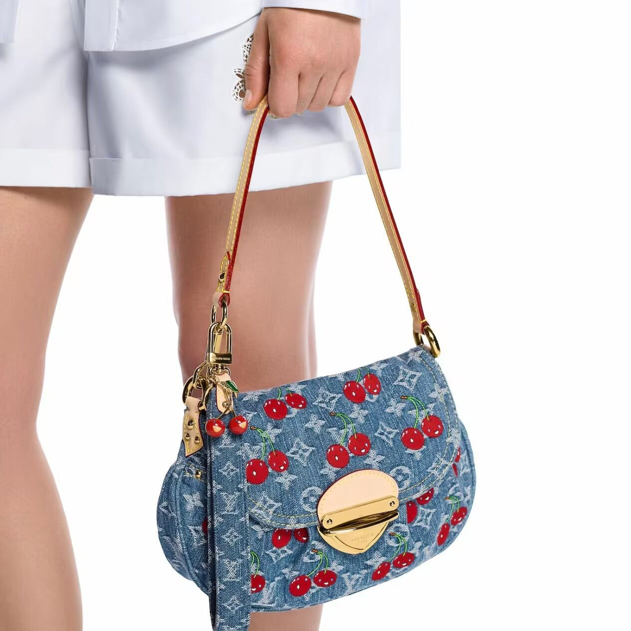 Denim Cherry Bag Charm Key Holder