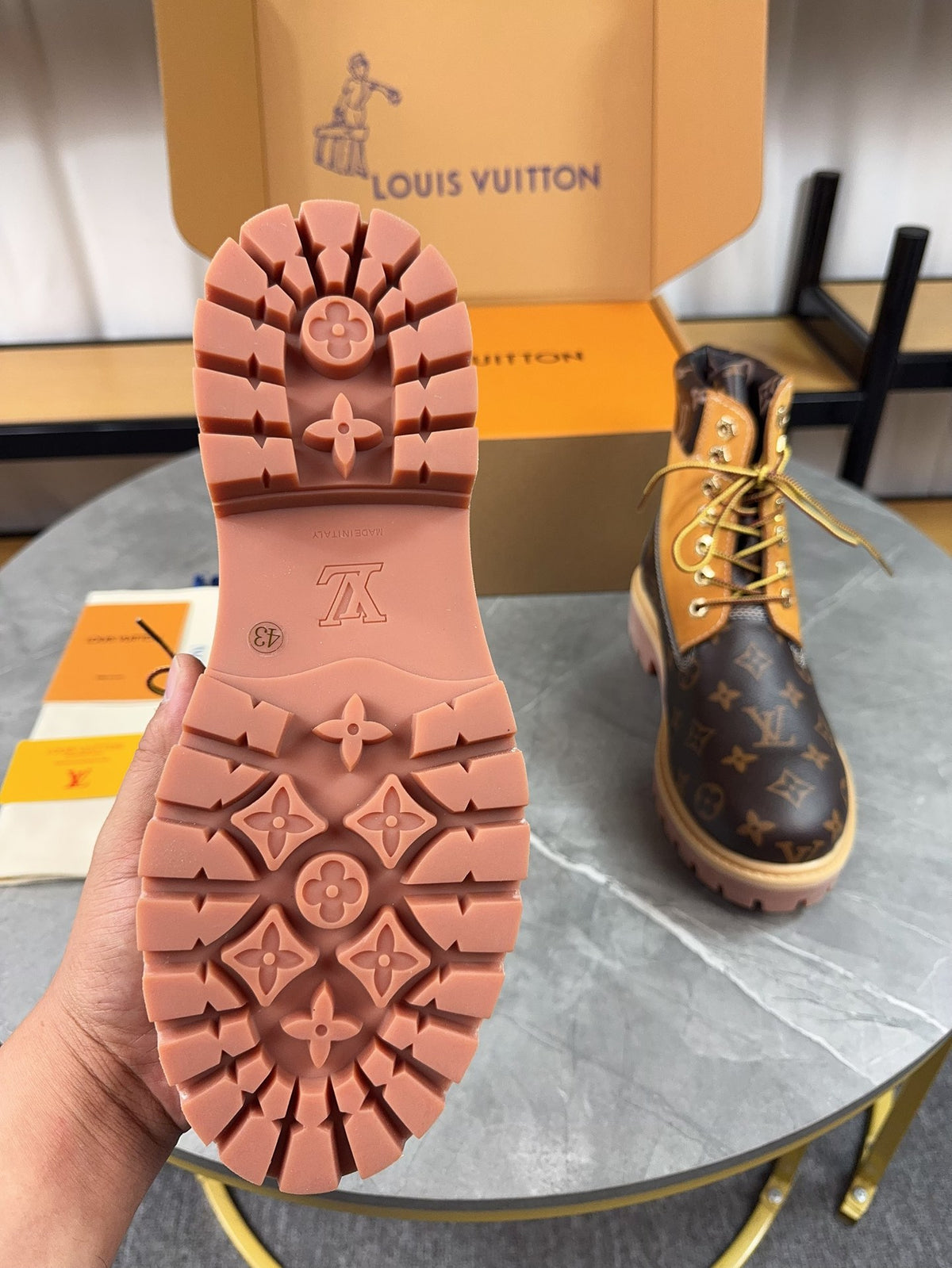 L X Timberland Nubuck Monogram Boots Brown