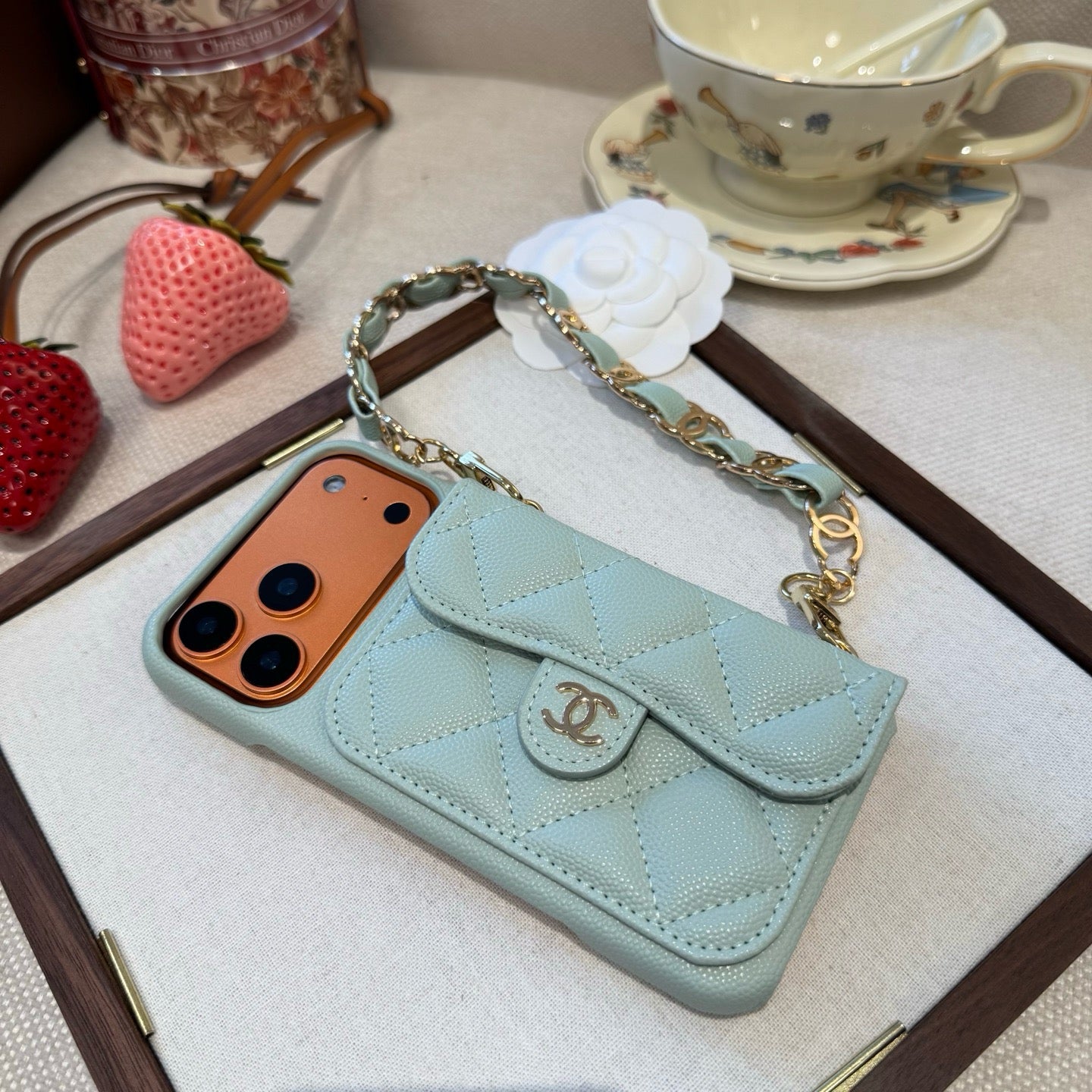 Luxury Flap iPhone Case With Chain Blue
