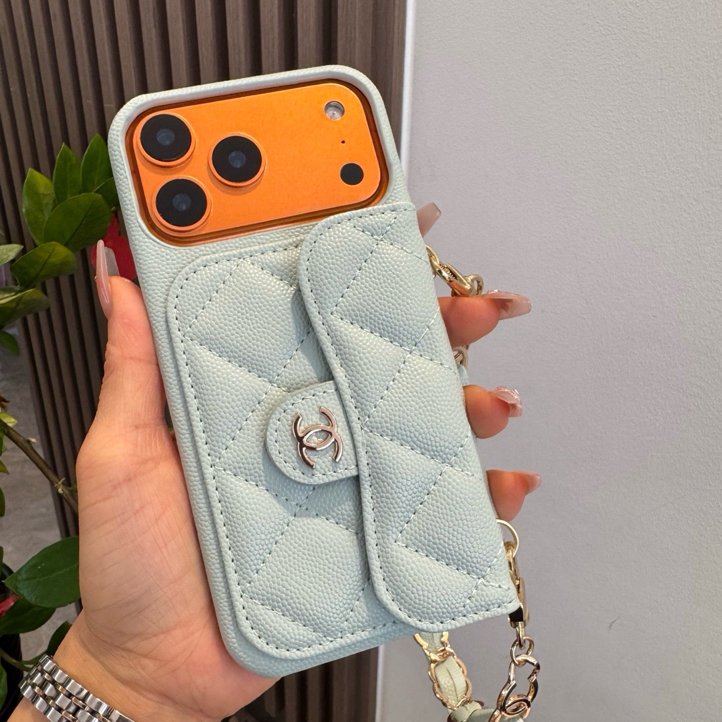 Luxury Flap iPhone Case With Chain Blue