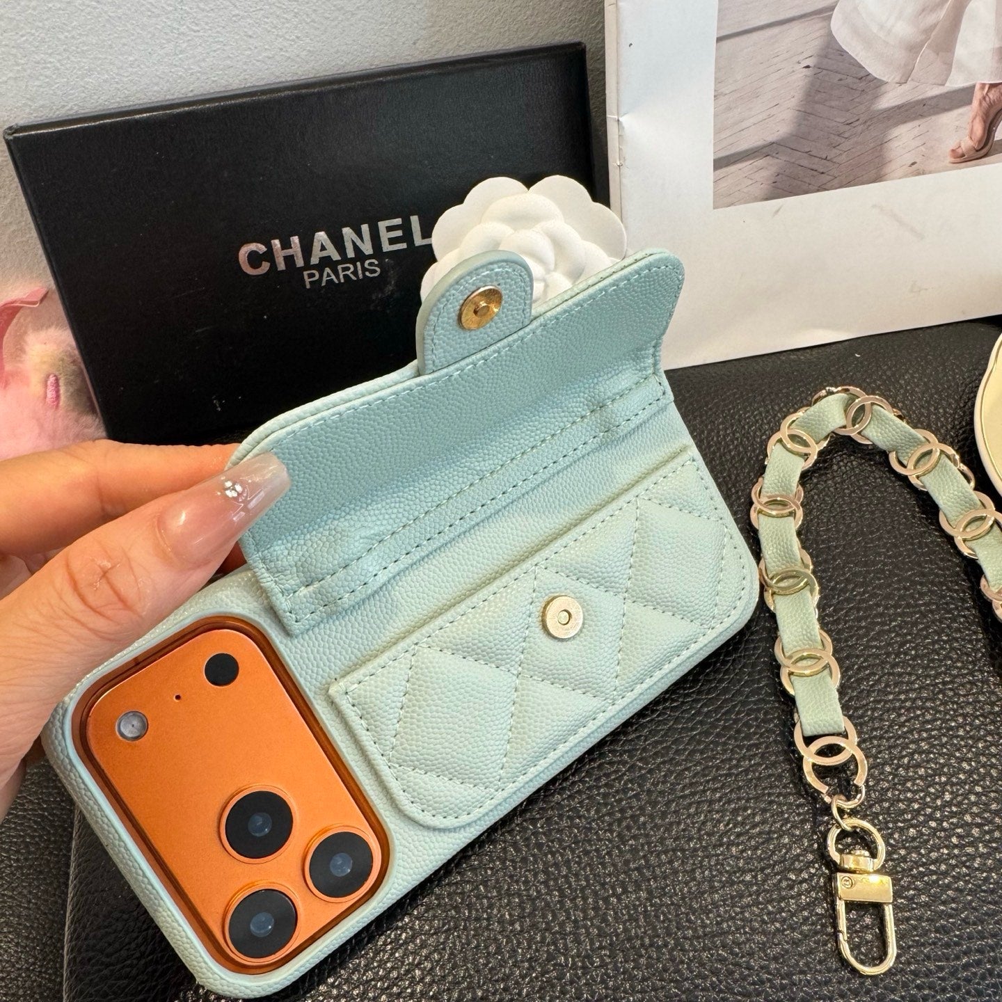 Luxury Flap iPhone Case With Chain Blue