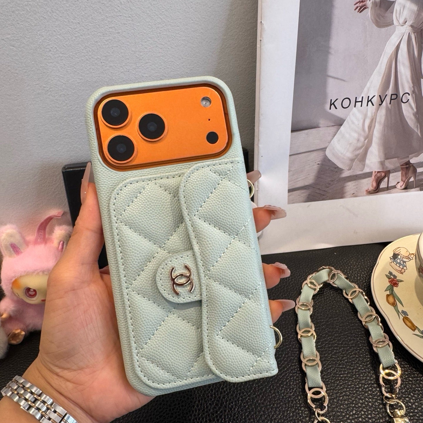 Luxury Flap iPhone Case With Chain Blue