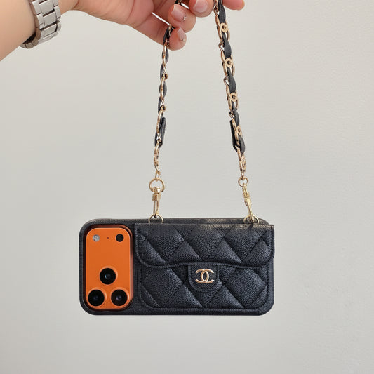 Luxury Flap iPhone Case With Chain Black
