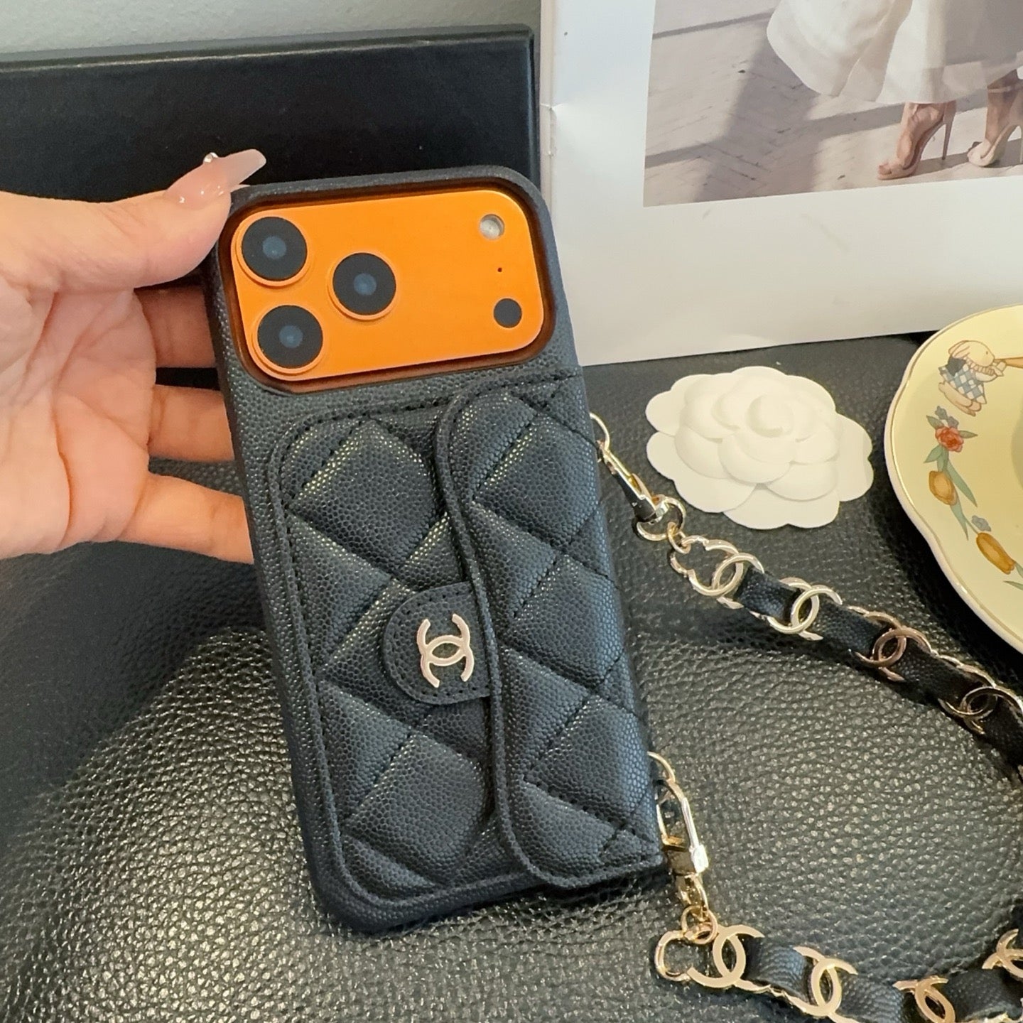 Luxury Flap iPhone Case With Chain Black