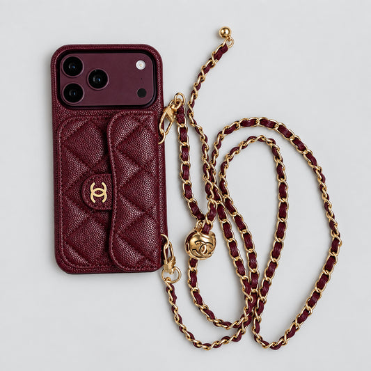 Luxury Flap iPhone Case With Chain Burgundy