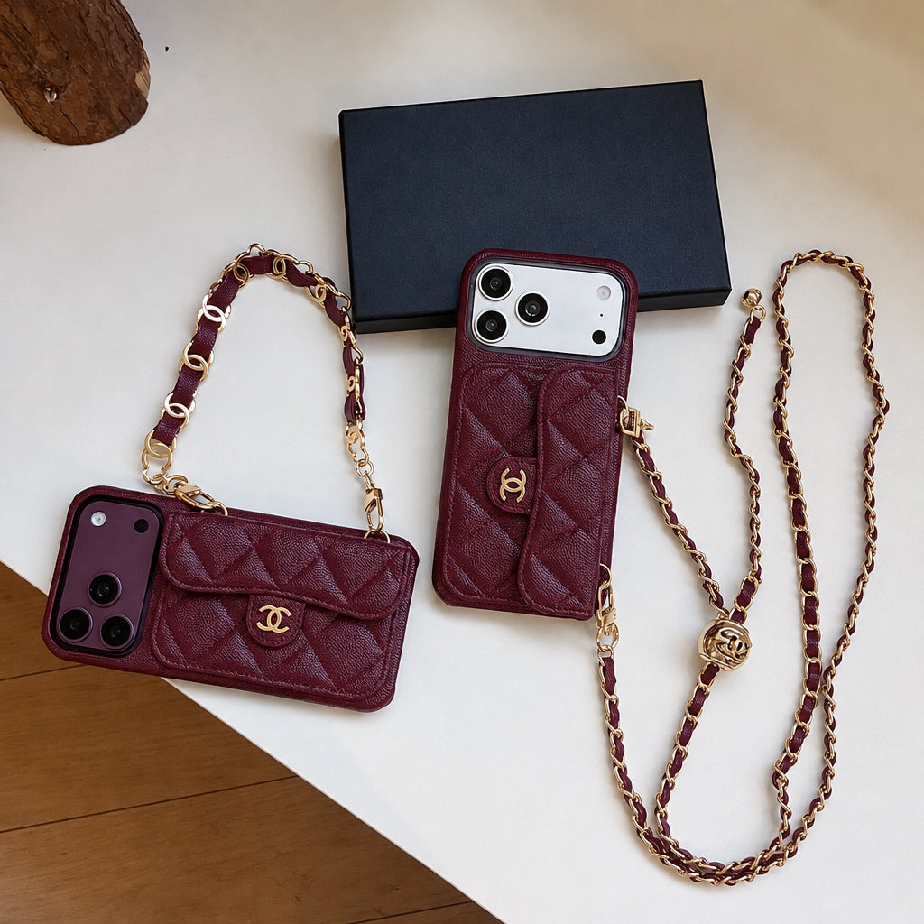 Luxury Flap iPhone Case With Chain Burgundy