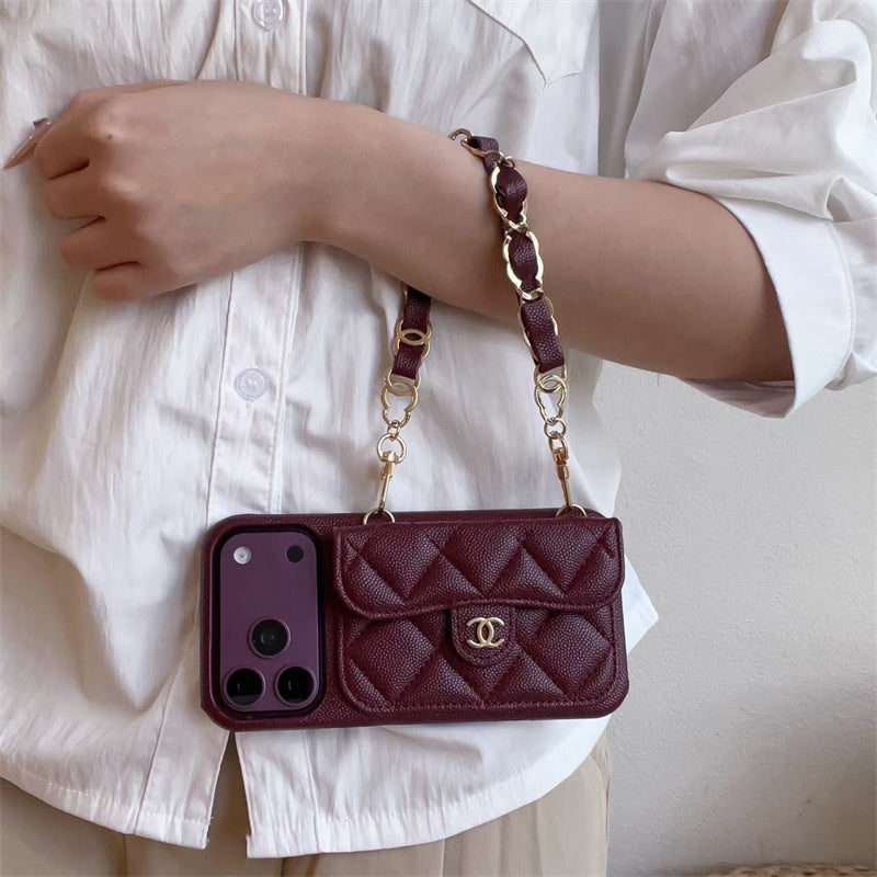 Luxury Flap iPhone Case With Chain Burgundy
