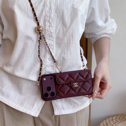 Luxury Flap iPhone Case With Chain Burgundy