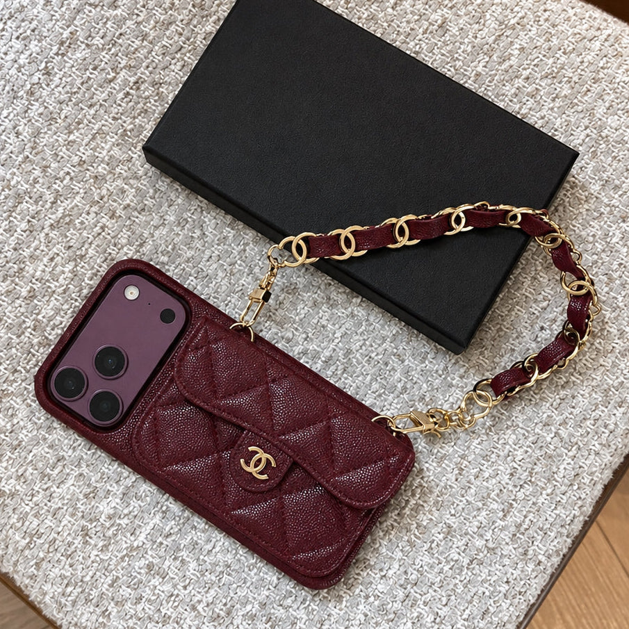 Luxury Flap iPhone Case With Chain Burgundy