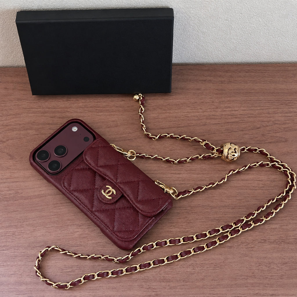 Luxury Flap iPhone Case With Chain Burgundy