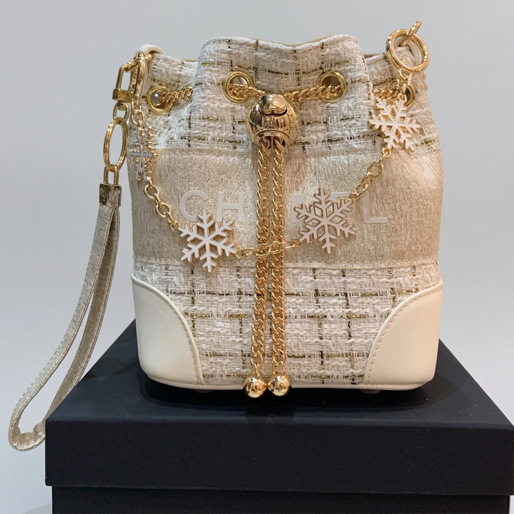 VIP Luxury Tweed Bucket Tote Bag-White