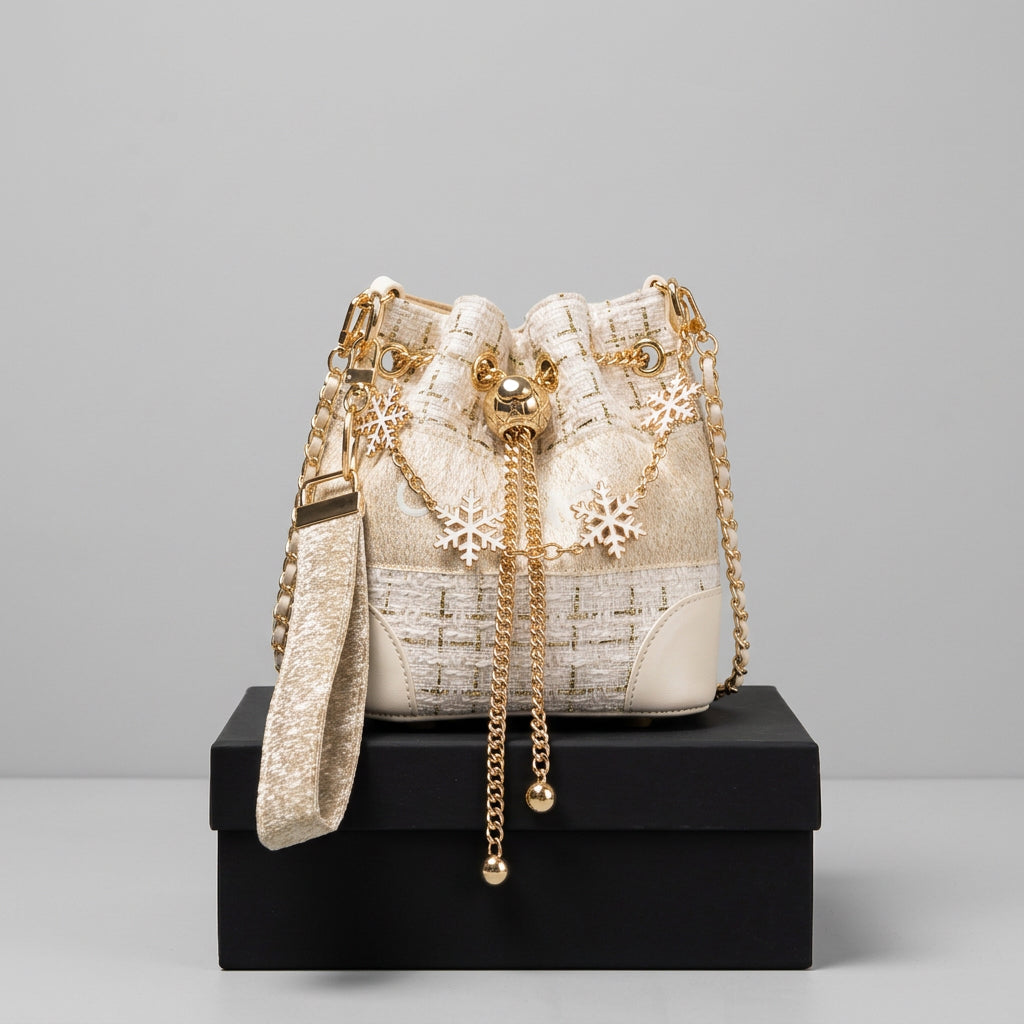 VIP Luxury Tweed Bucket Tote Bag-White