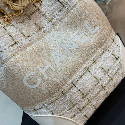VIP Luxury Tweed Bucket Tote Bag-White