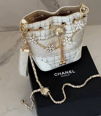 VIP Luxury Tweed Bucket Tote Bag-White