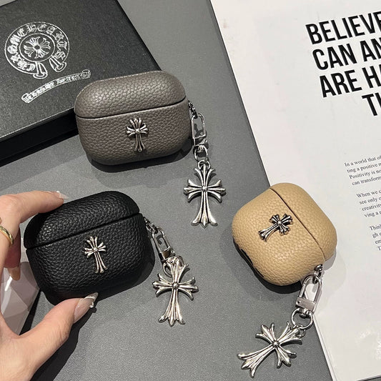 Grained Leather Chrome Cross AirPod Case