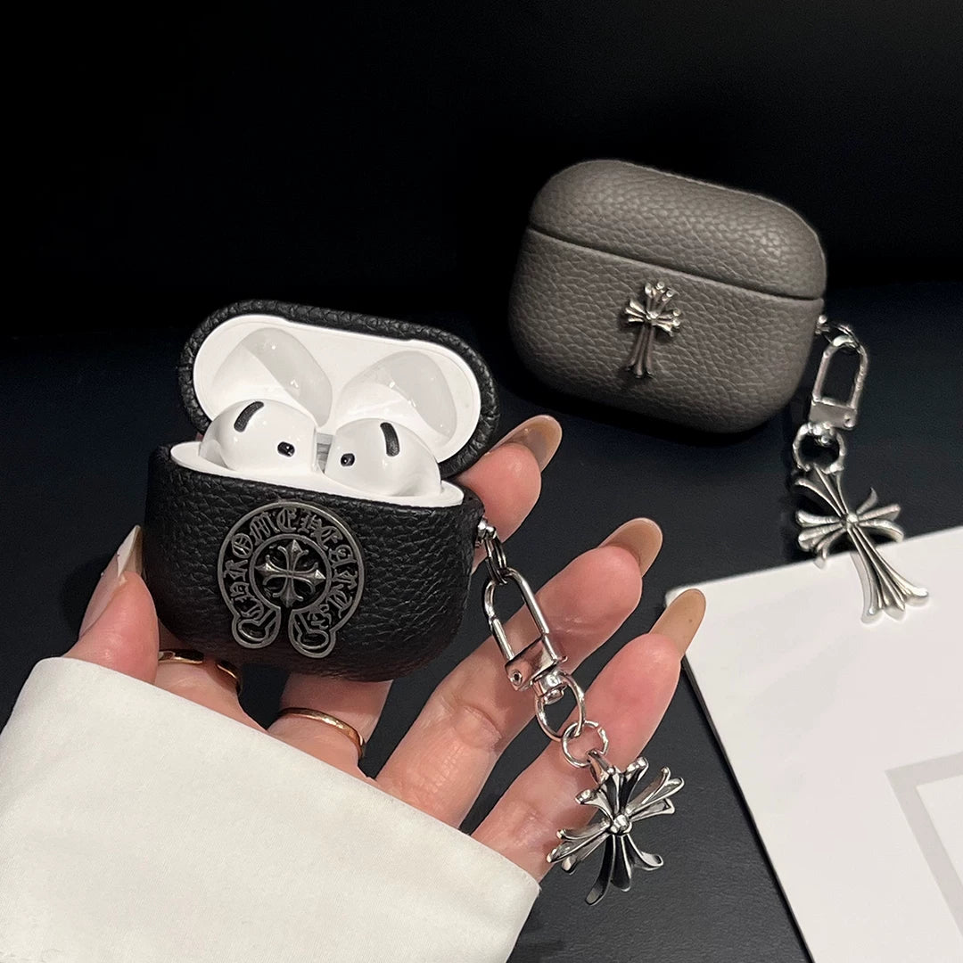 Grained Leather Chrome Cross AirPod Case