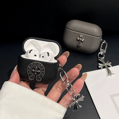 Grained Leather Chrome Cross AirPod Case