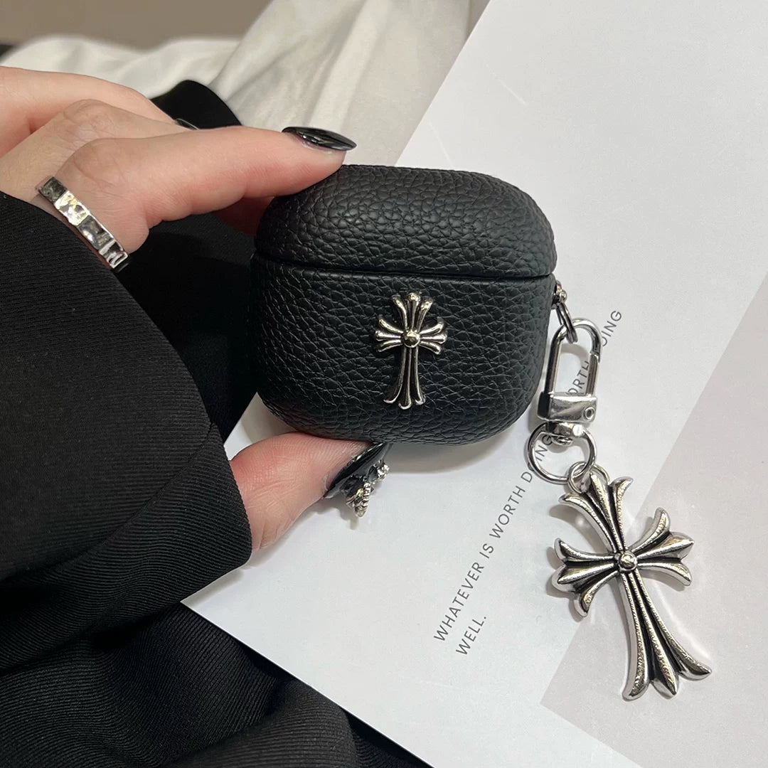 Grained Leather Chrome Cross AirPod Case