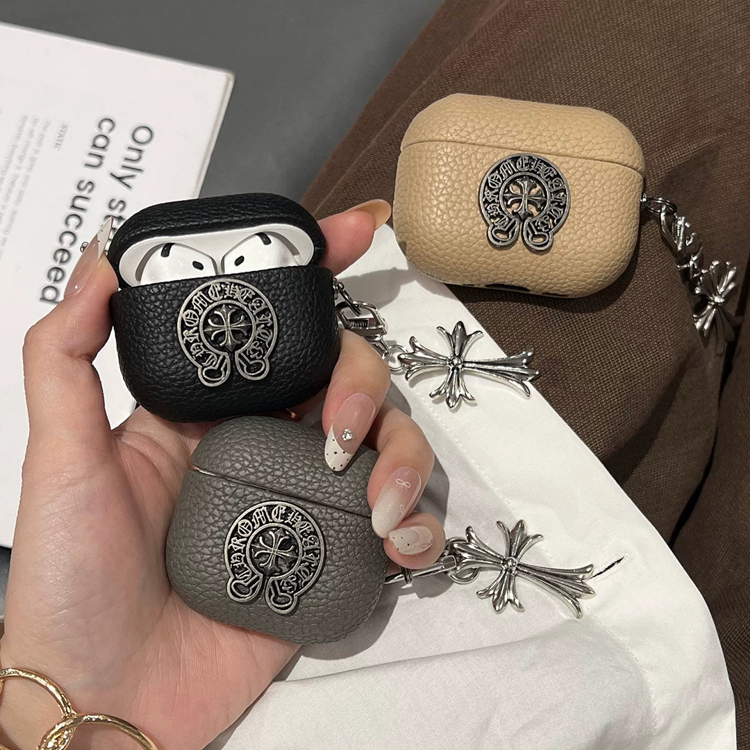 Grained Leather Chrome Cross AirPod Case