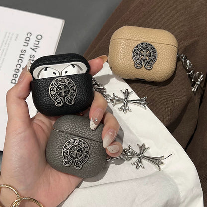 Grained Leather Chrome Cross AirPod Case