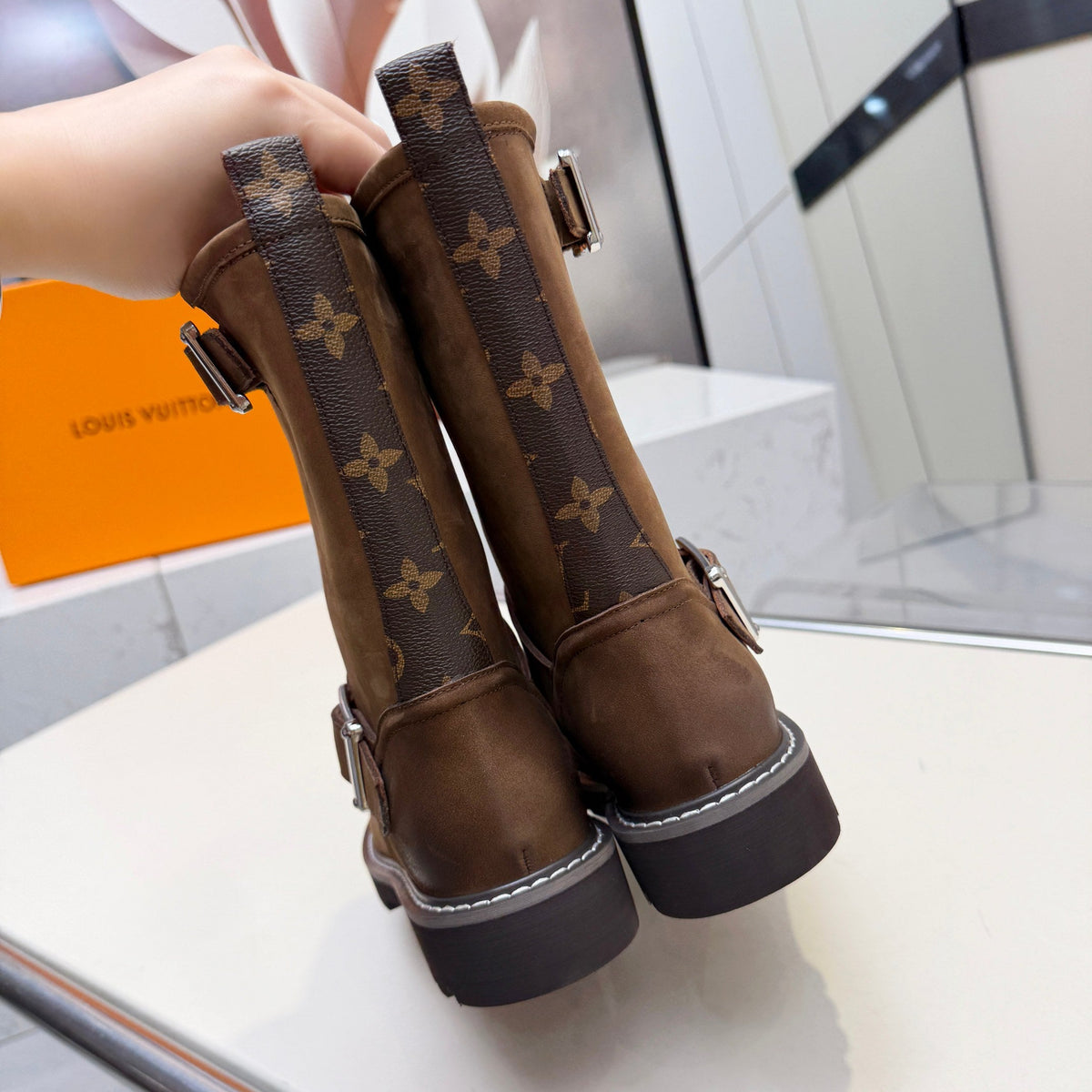 Luxury Territory Leather Boots Brown Suede Monogram