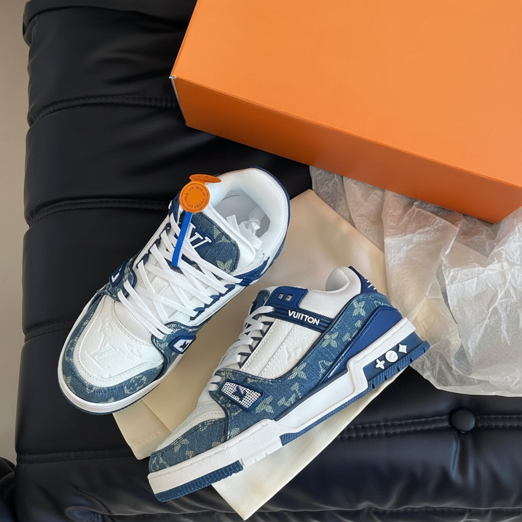 Louis Vuitton sneakers with packaging on a black surface