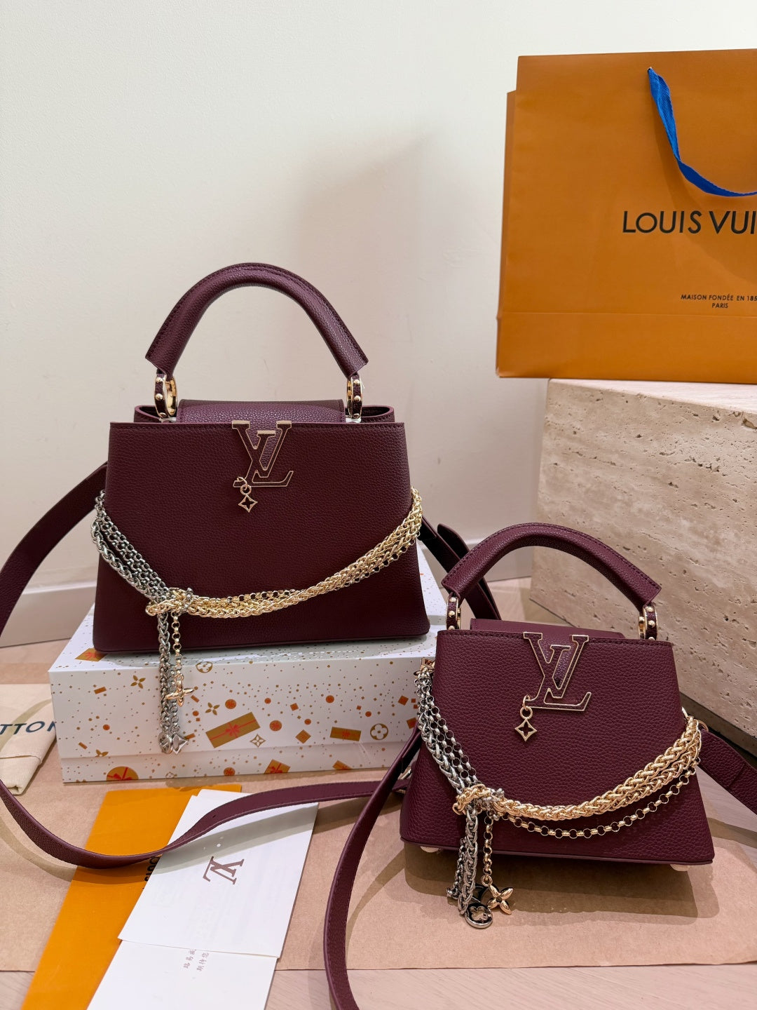 Leather Bag With Gold Silver Charm