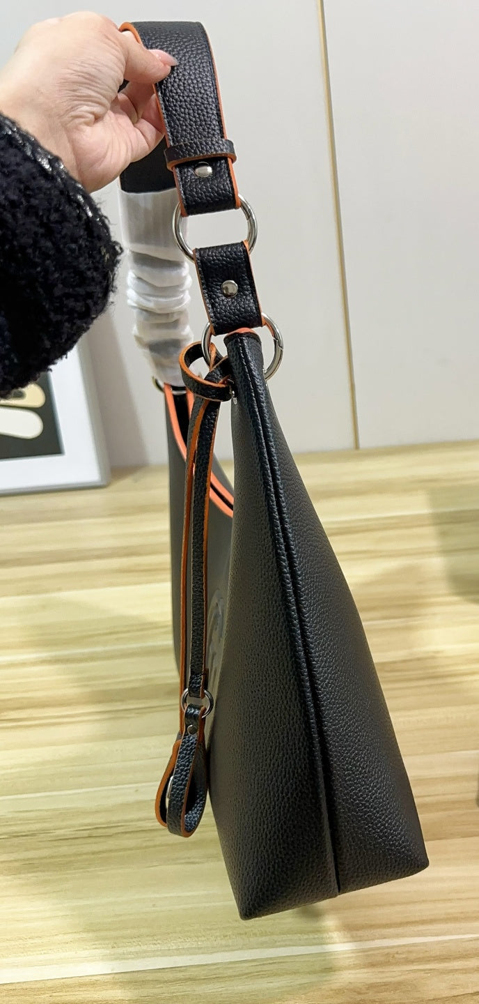Large Leather Shoulder Bag - Black/Orange