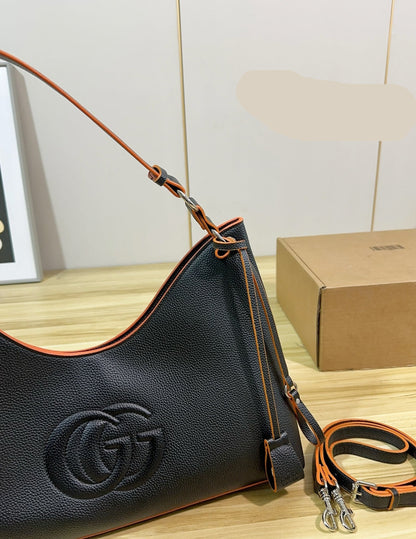 Large Leather Shoulder Bag - Black/Orange
