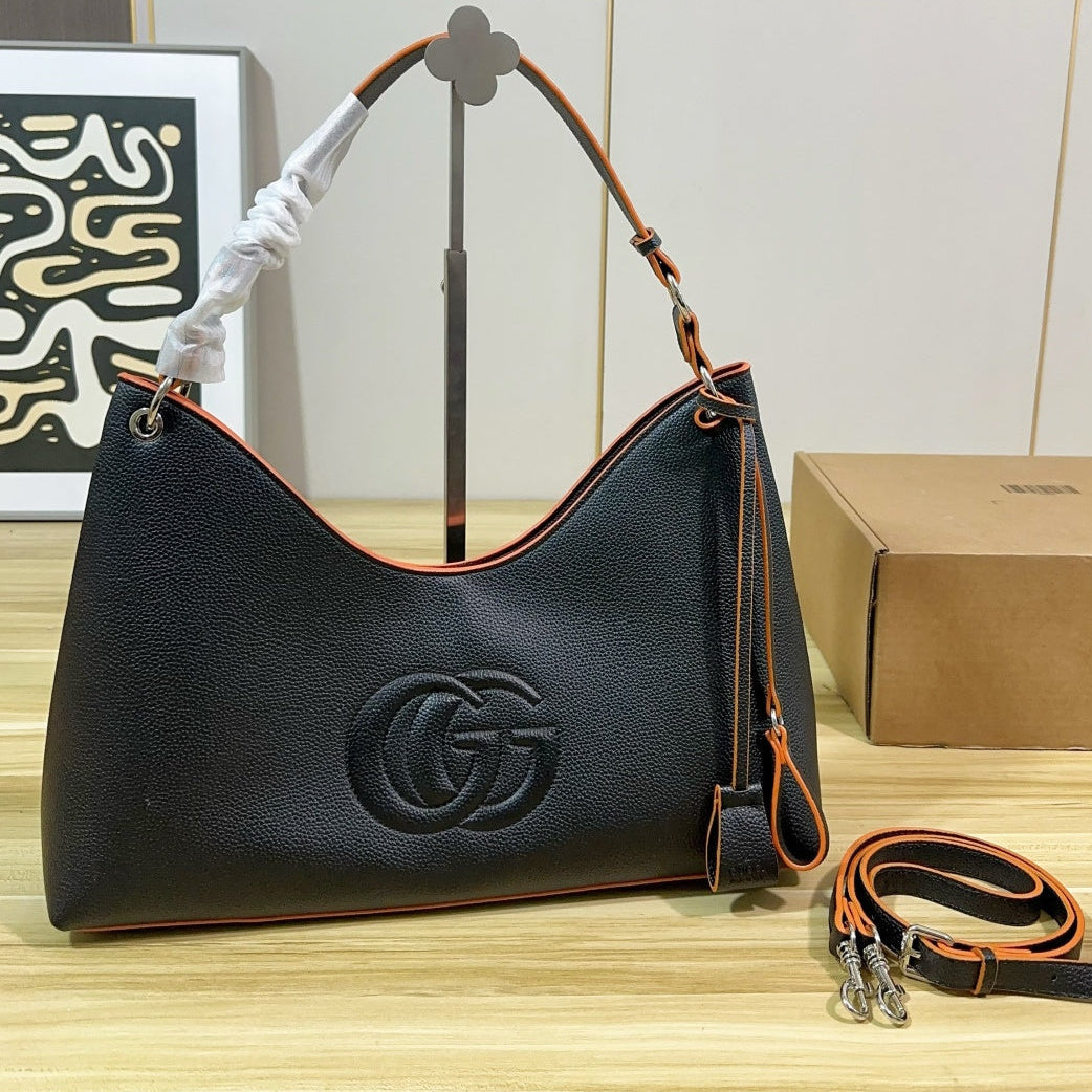 Large Leather Shoulder Bag - Black/Orange