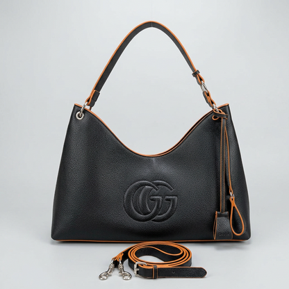 Large Leather Shoulder Bag - Black/Orange