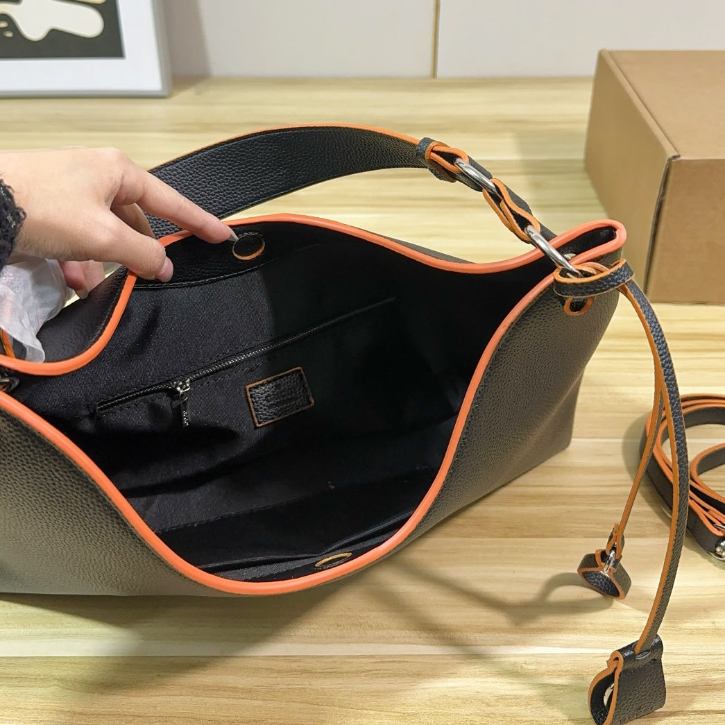 Large Leather Shoulder Bag - Black/Orange