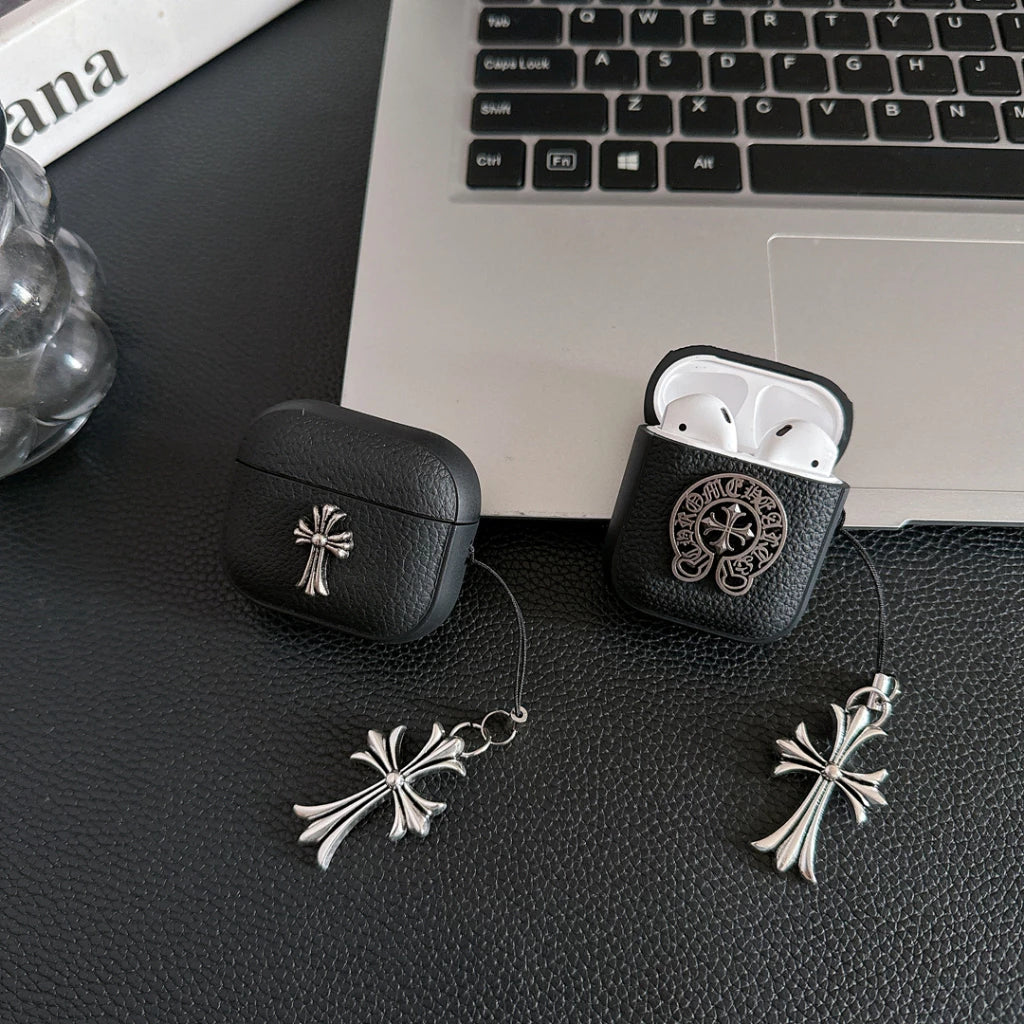 Grained Leather Look Chrome Cross AirPod Case