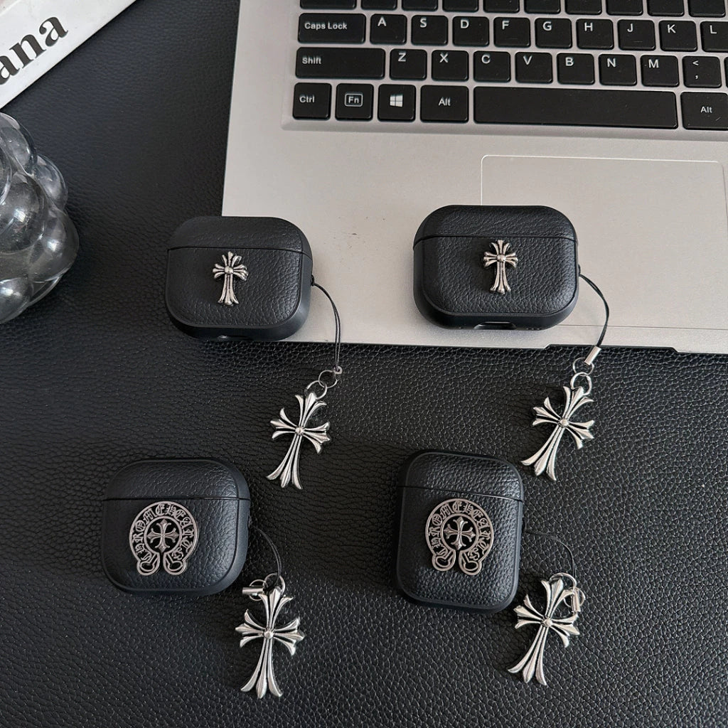 Grained Leather Look Chrome Cross AirPod Case