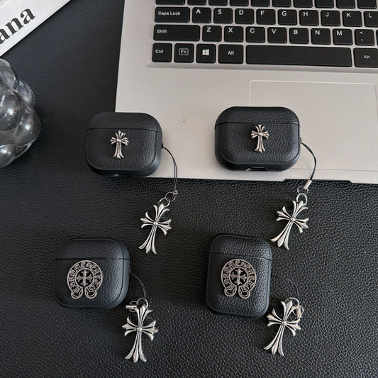Grained Leather Look Chrome Cross AirPod Case
