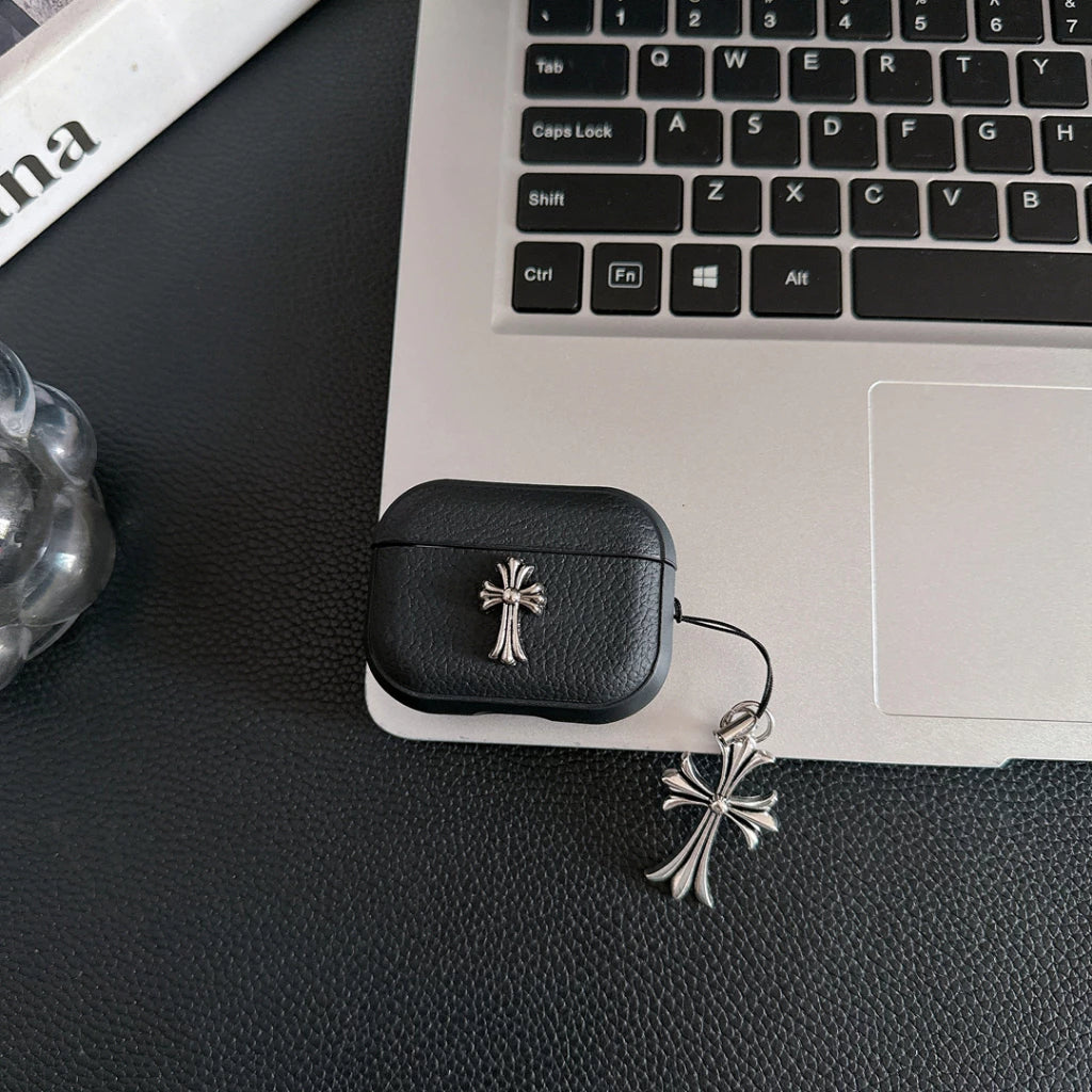 Grained Leather Look Chrome Cross AirPod Case