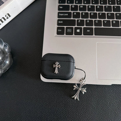 Grained Leather Look Chrome Cross AirPod Case