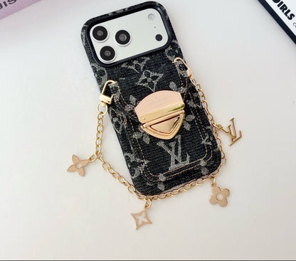 Monogram Denim Charm Phone Case with Card Holder