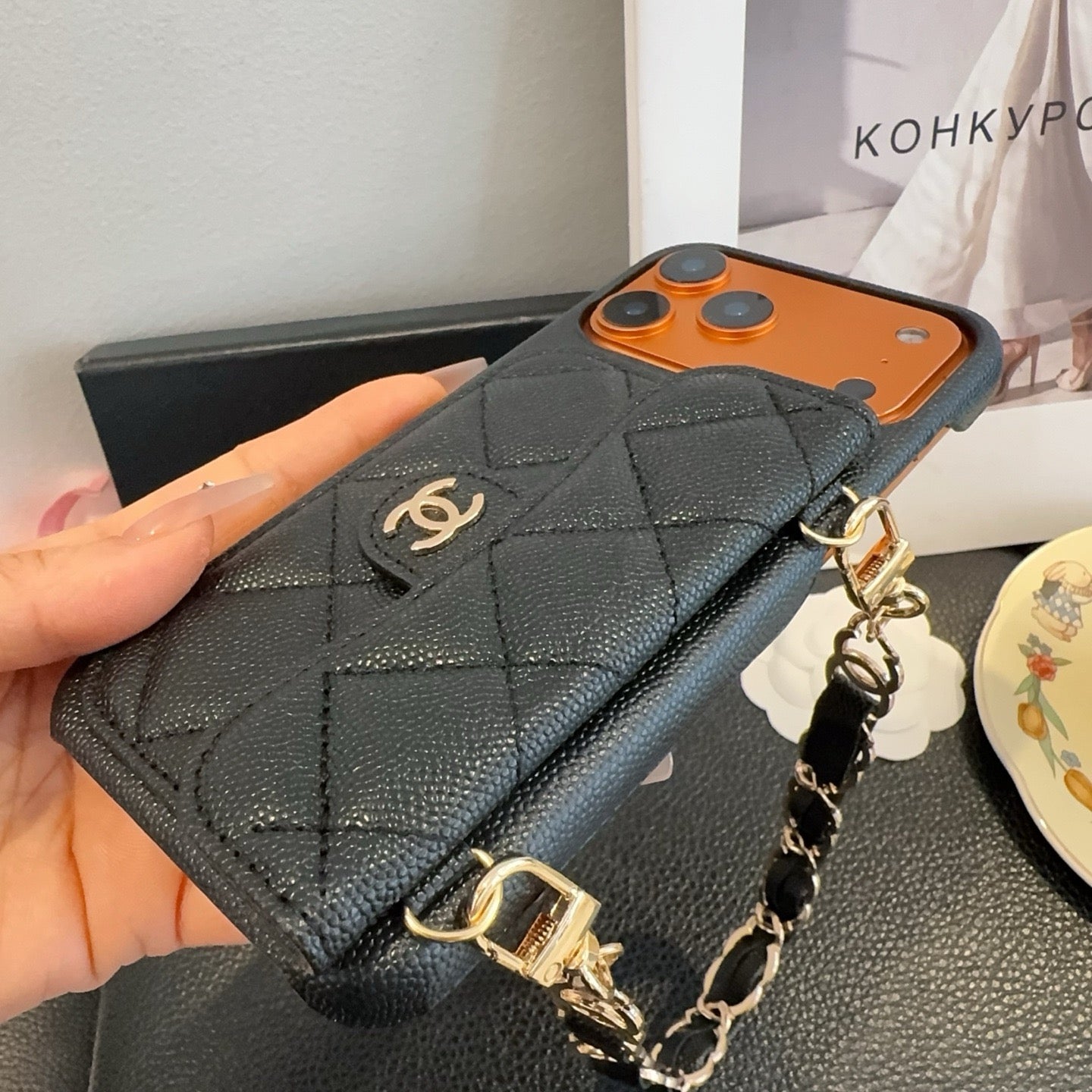 Luxury Flap iPhone Case With Chain Black