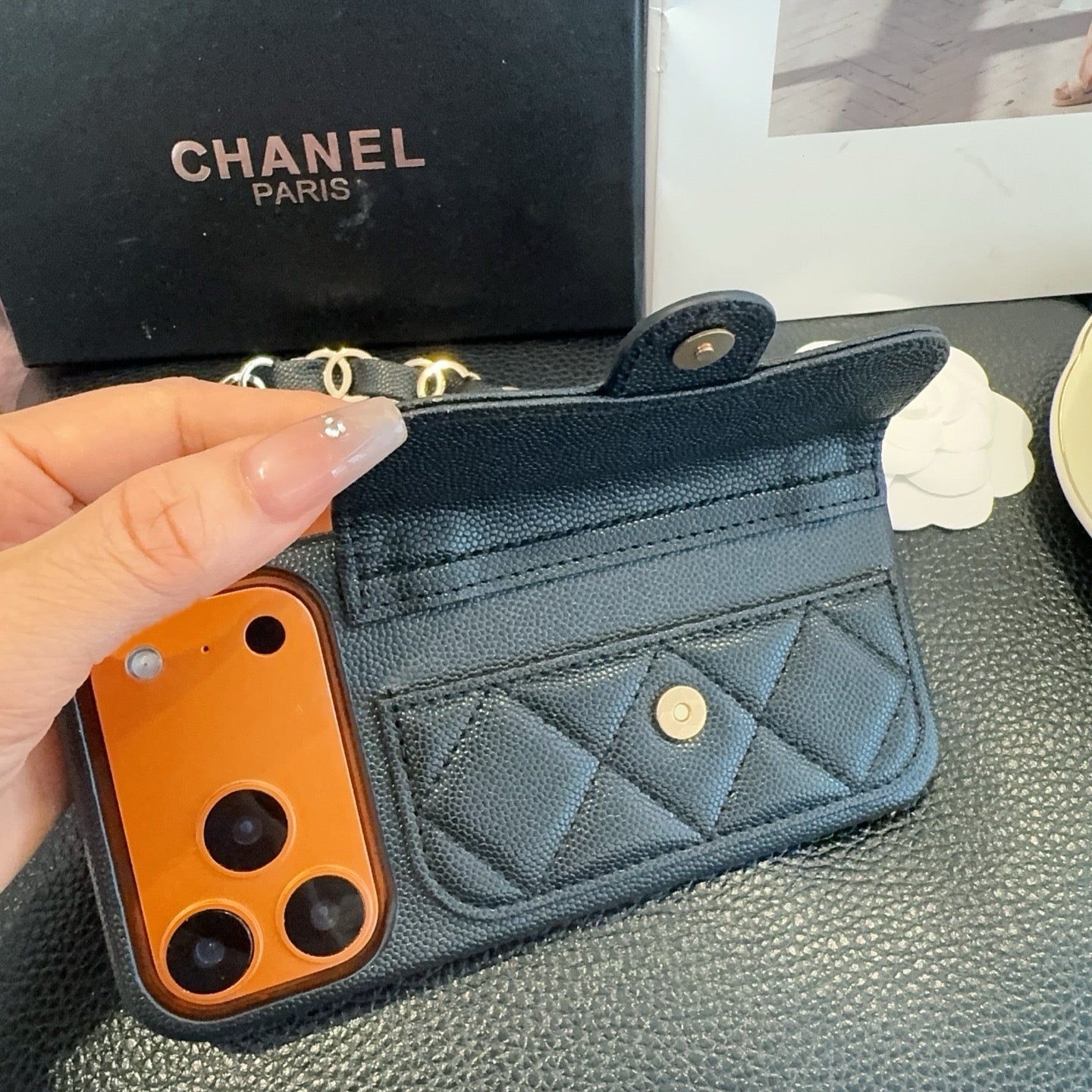 Luxury Flap iPhone Case With Chain Black